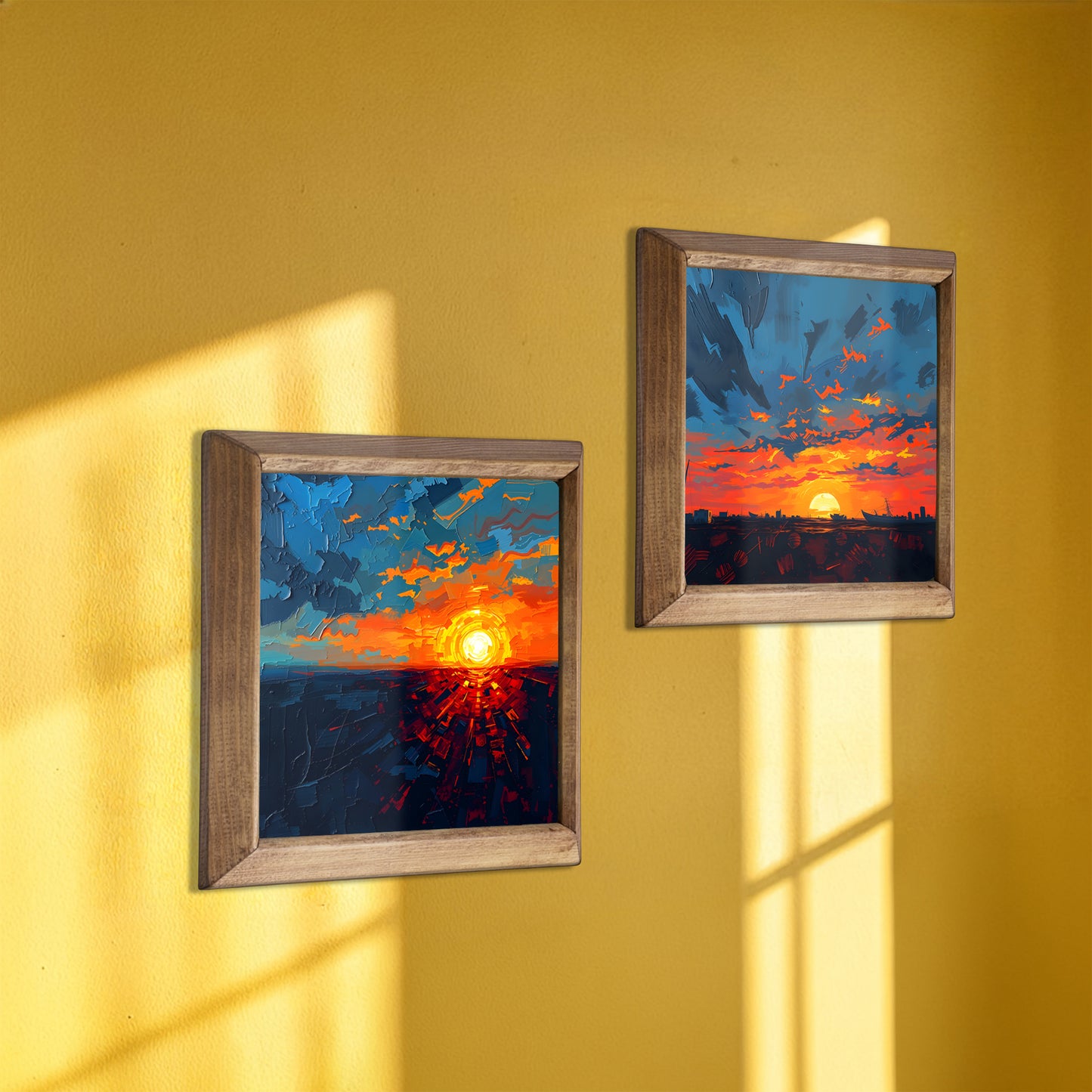 Golden Sunset Bundle | 2 Natural Stone Wall Arts + 1 Beeswax Candle Set