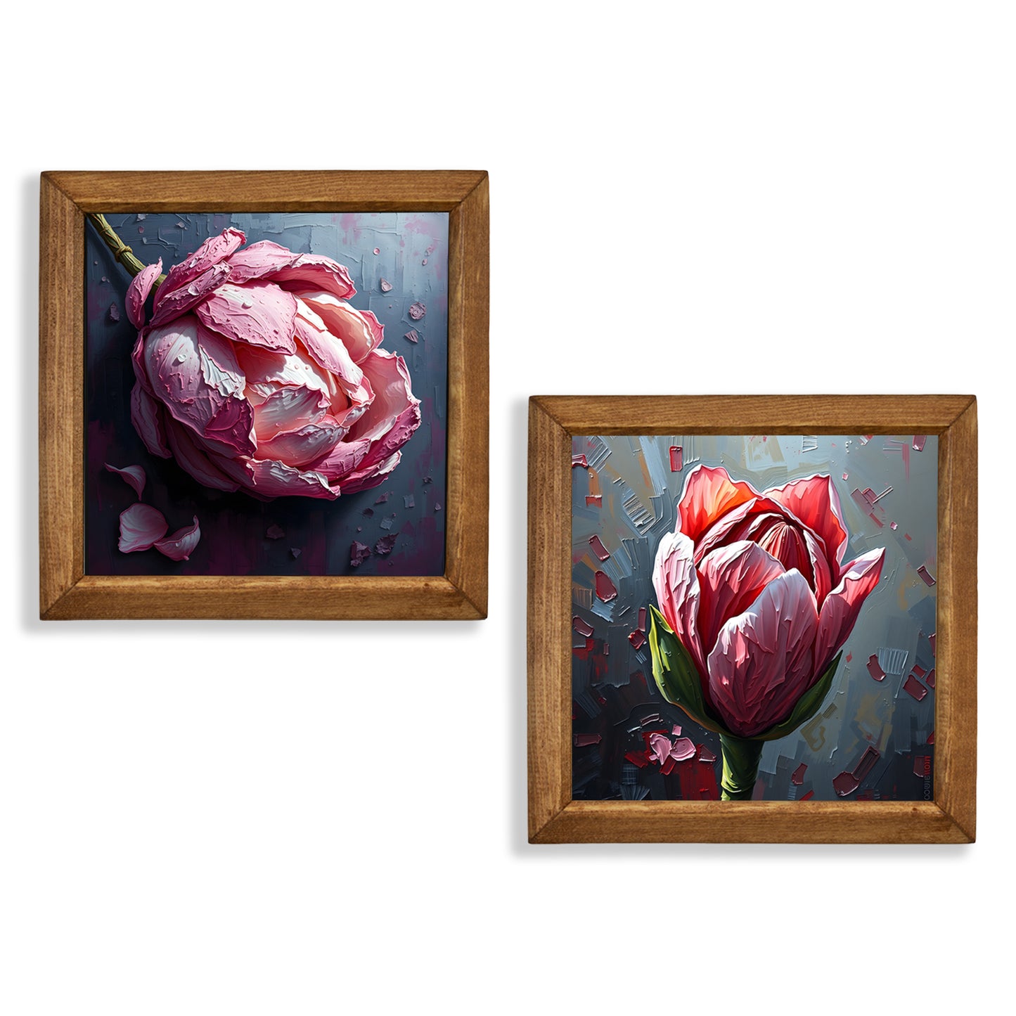 Peony Duo Natural Stone Wall Art – Wood Frame Set