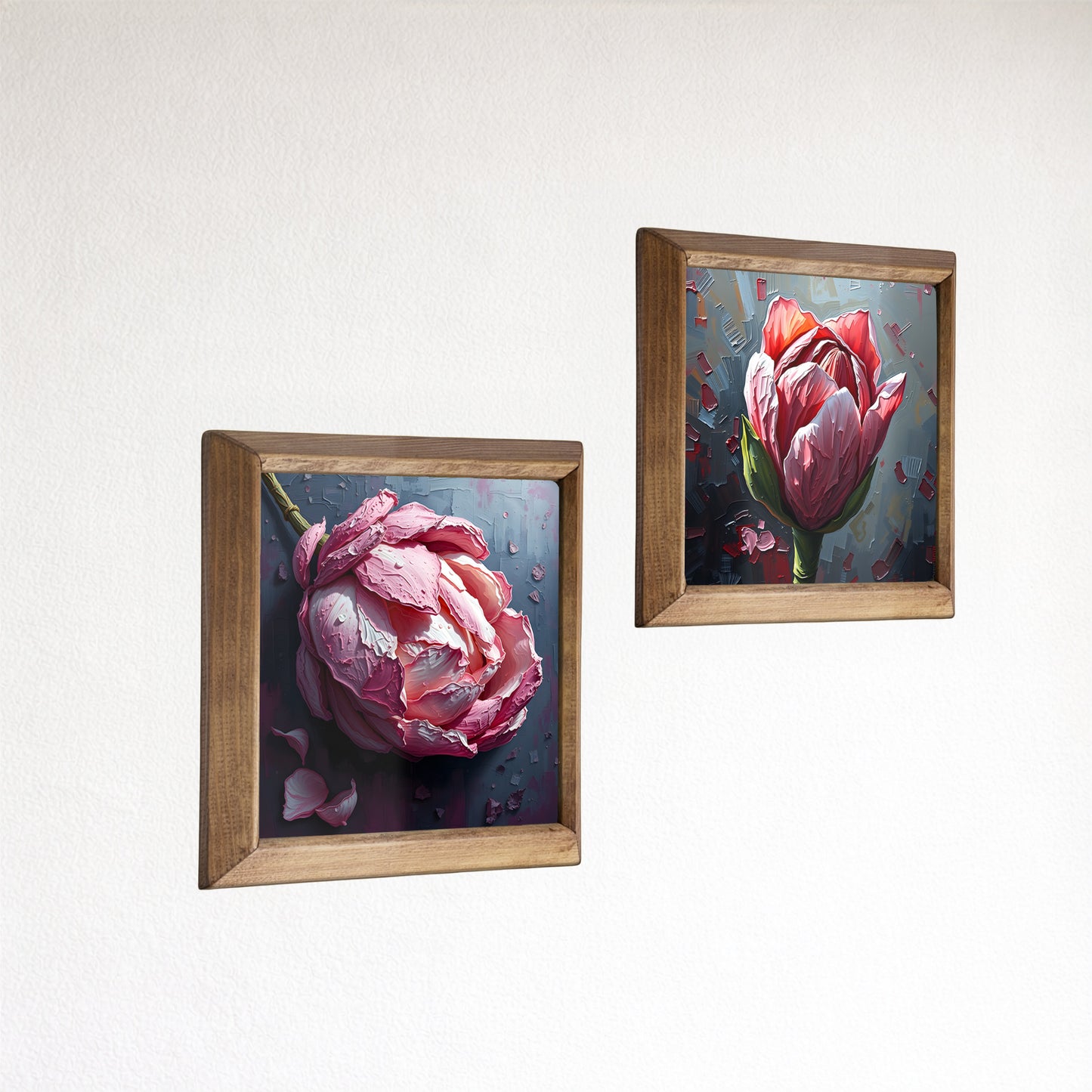 Peony Duo Natural Stone Wall Art – Wood Frame Set