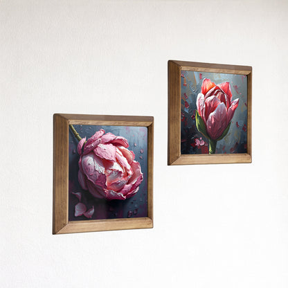 Peony Duo Natural Stone Wall Art – Wood Frame Set