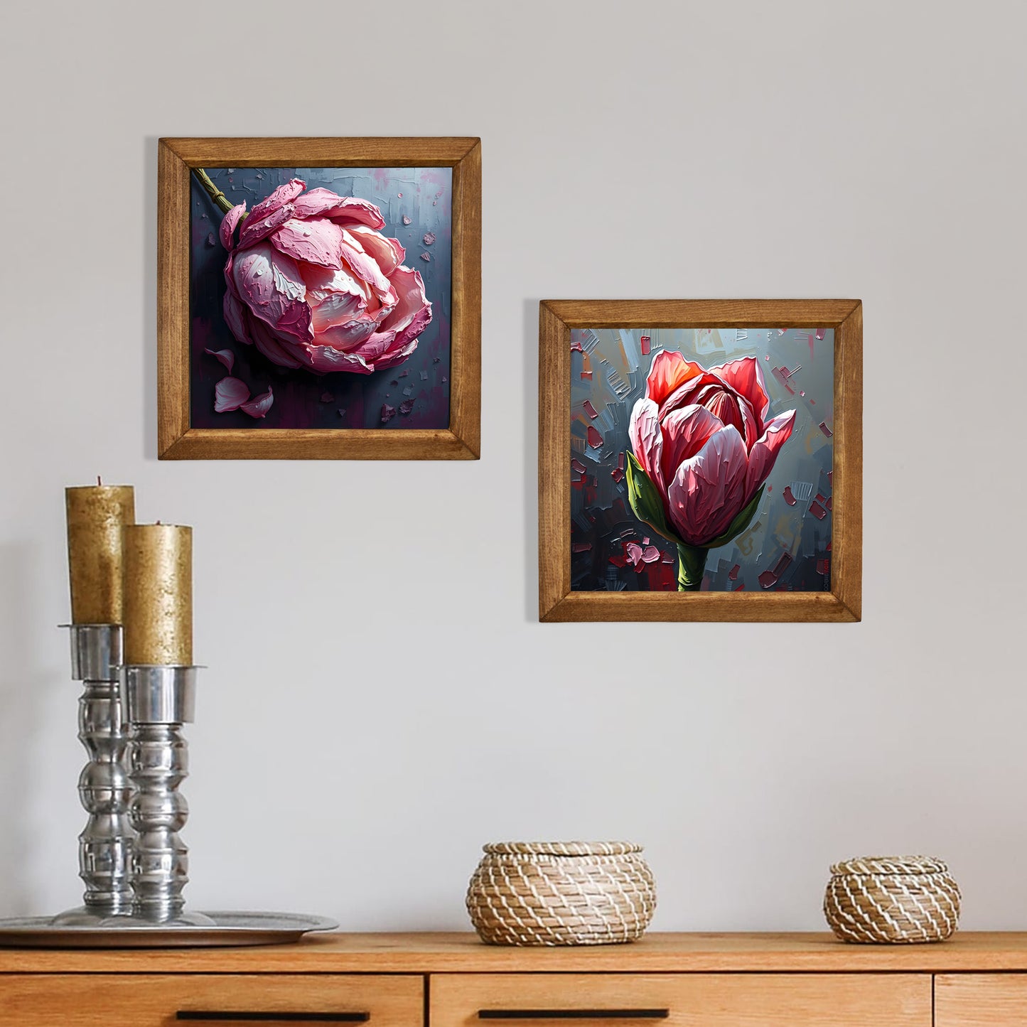 Peony Duo Natural Stone Wall Art – Wood Frame Set