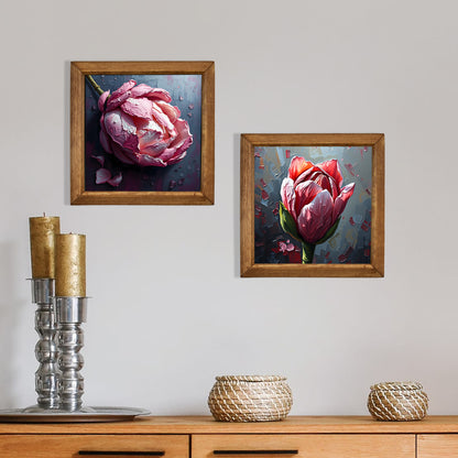 Peony Duo Natural Stone Wall Art – Wood Frame Set