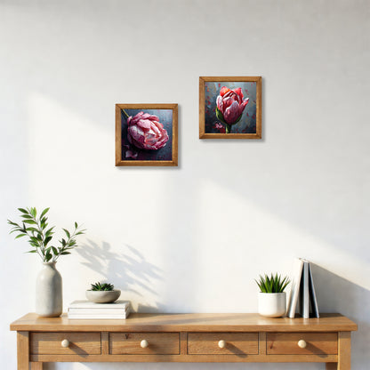 Peony Duo Natural Stone Wall Art – Wood Frame Set