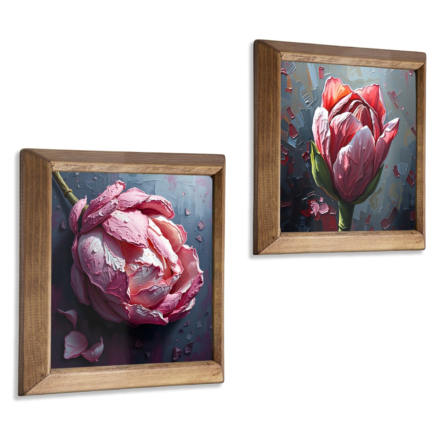 Peony Duo Natural Stone Wall Art – Wood Frame Set