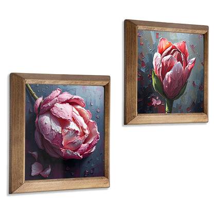 Peony Duo Natural Stone Wall Art – Wood Frame Set