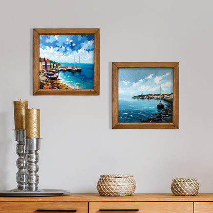 Seaside Harbour Boats Duo Natural Stone Wall Art