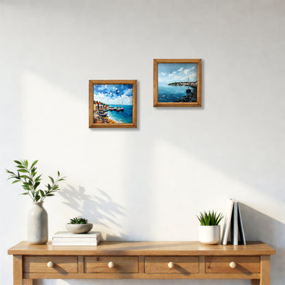 Seaside Harbour Boats Duo Natural Stone Wall Art