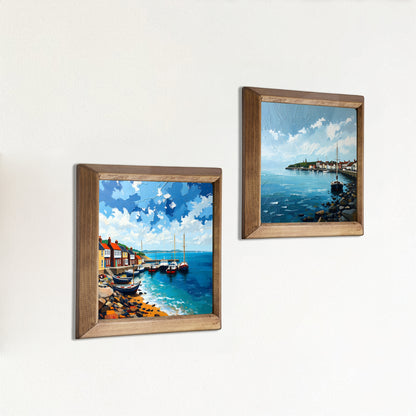Seaside Harbour Boats Duo Natural Stone Wall Art