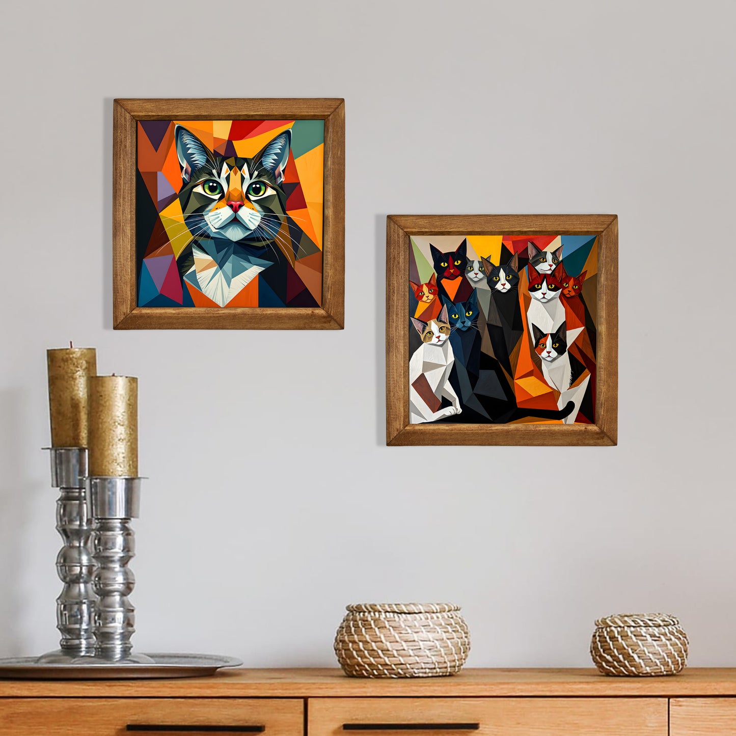 Vibrant Geometric Cats Duo Stone Wall Art Set