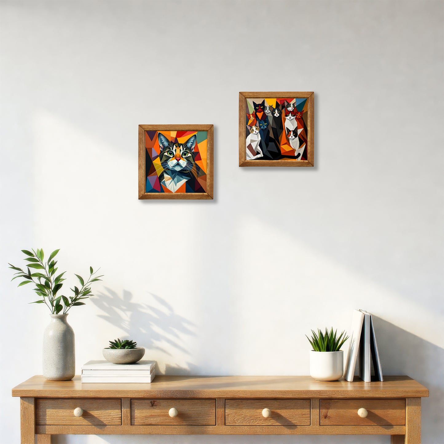 Vibrant Geometric Cats Duo Stone Wall Art Set