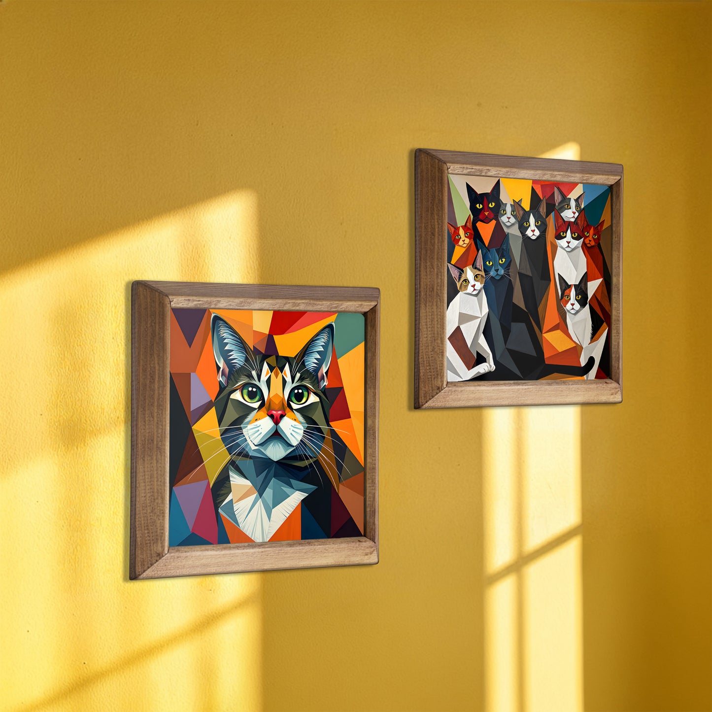 Vibrant Geometric Cats Duo Stone Wall Art Set
