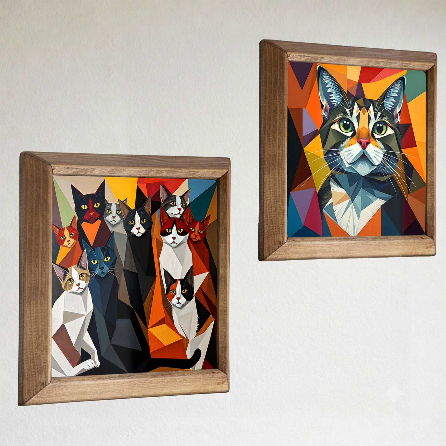 Vibrant Geometric Cats Duo Stone Wall Art Set