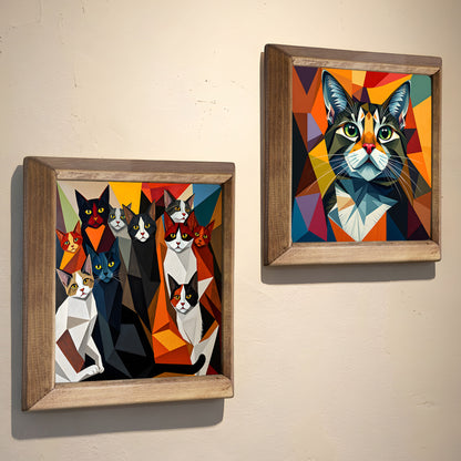 Vibrant Geometric Cats Duo Stone Wall Art Set