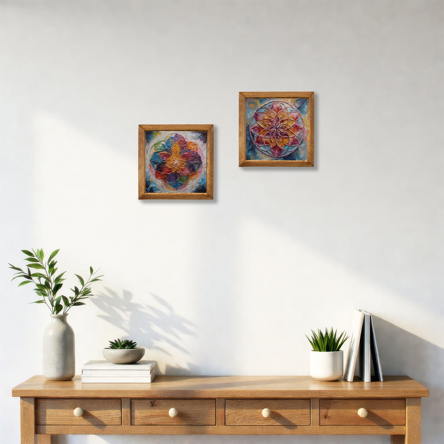 Soft Bloom Floral Duo Natural Stone Wall Art Wood Frame Set