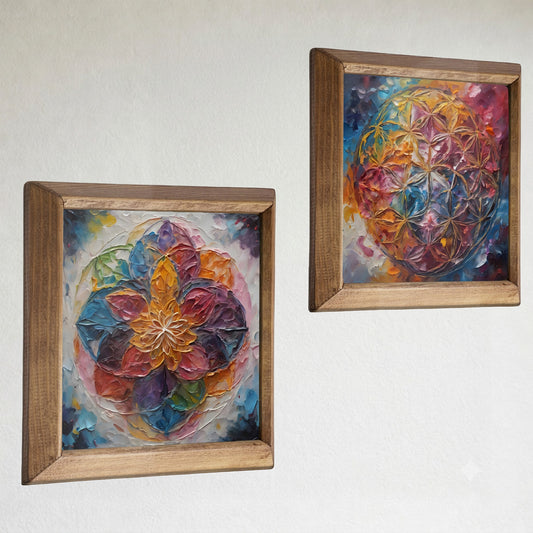 Jewel Mandala Duo Natural Stone Wall Art Wood Frame Set