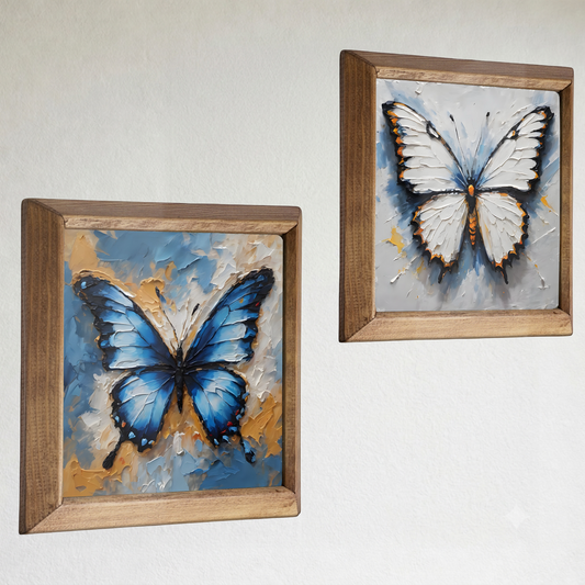Blue Butterfly Duo Natural Stone Wall Art Wood Frame Set