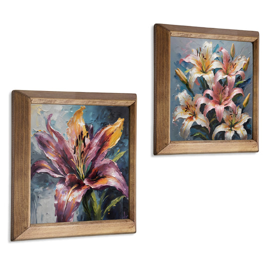 Lily Bloom Duo Natural Stone Wall Art Wood Frame Set