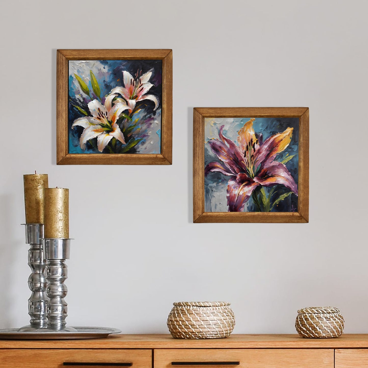 Lily Garden Duo Natural Stone Wall Art Wood Frame Set