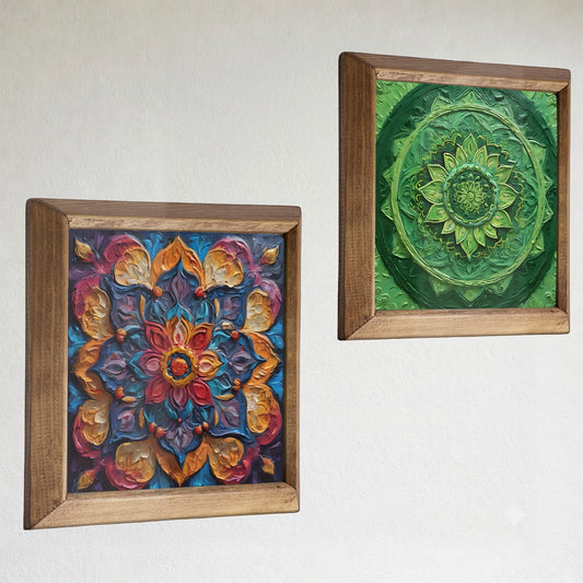 Verdant Mandala Duo Natural Stone Wall Art Wood Frame Set