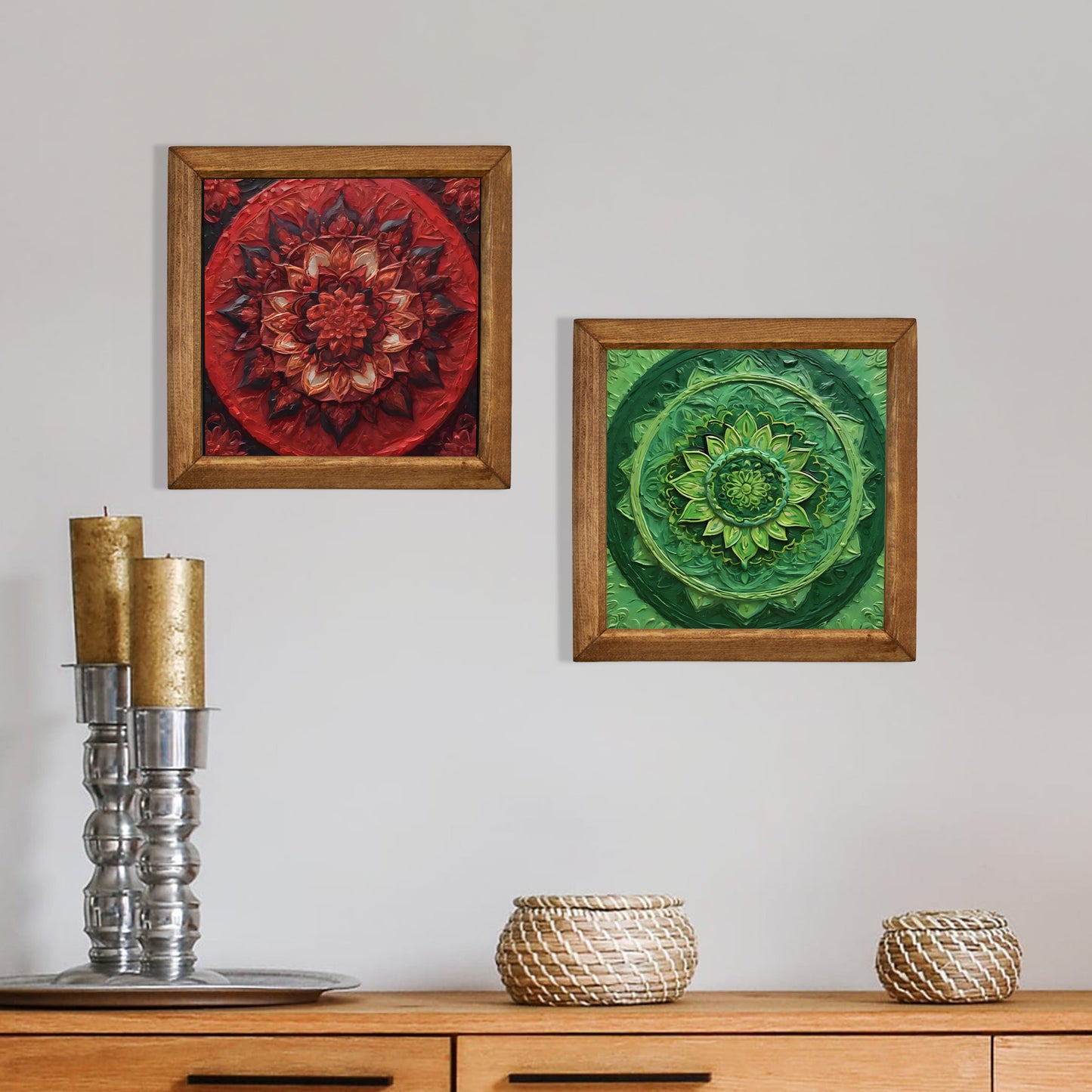 Fiery and Emerald Mandala Duo Stone Wall Art Set