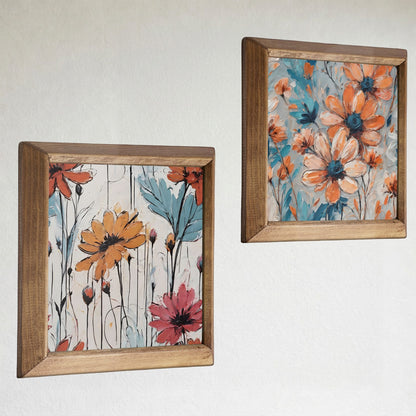 Soft Garden Floral Duo Natural Stone Wall Art Wood Frame Set