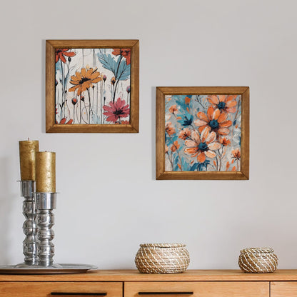 Soft Garden Floral Duo Natural Stone Wall Art Wood Frame Set