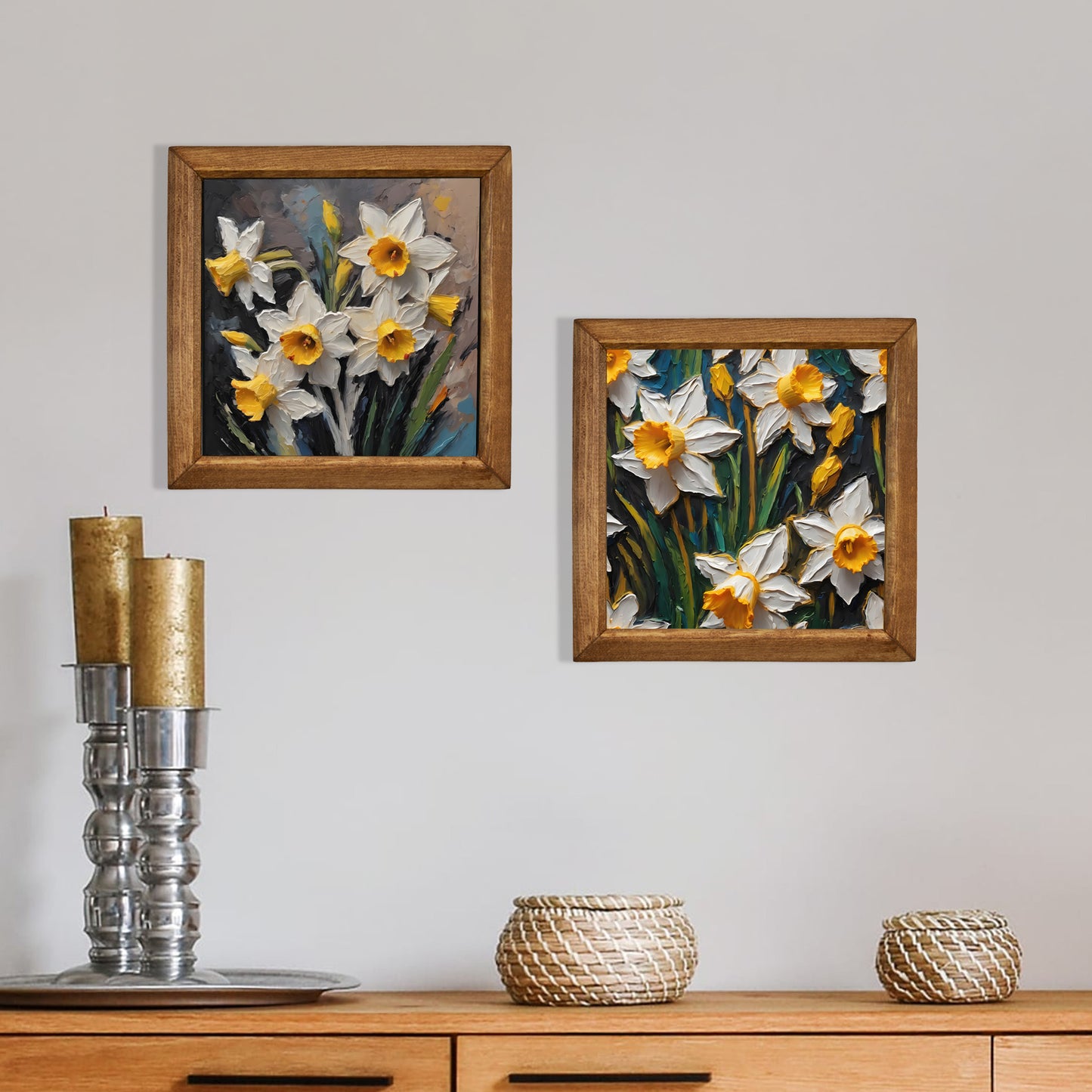 Fresh Daffodil Duo Natural Stone Wall Art Wood Frame Set
