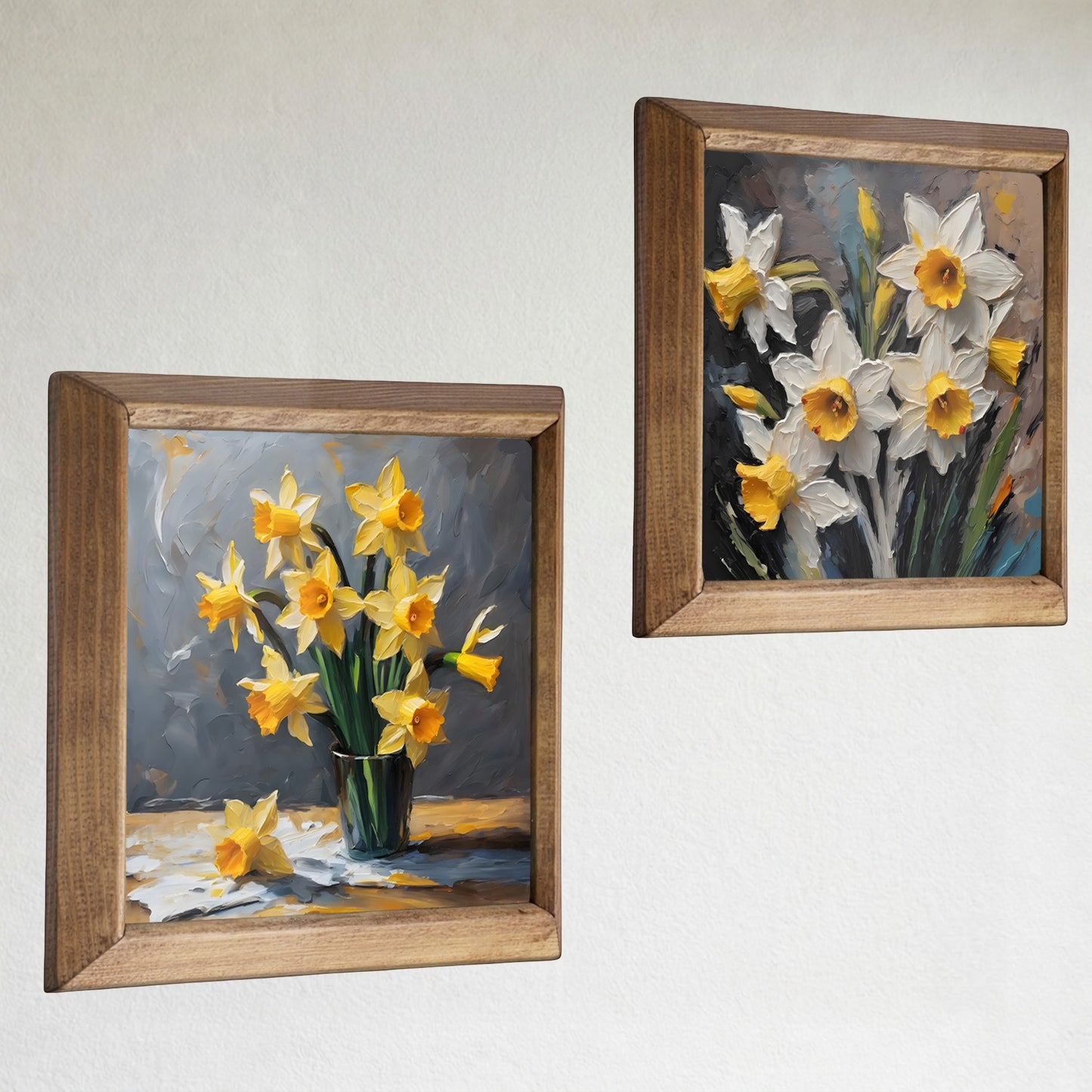 Golden Daffodil Duo Natural Stone Wall Art Wood Frame Set