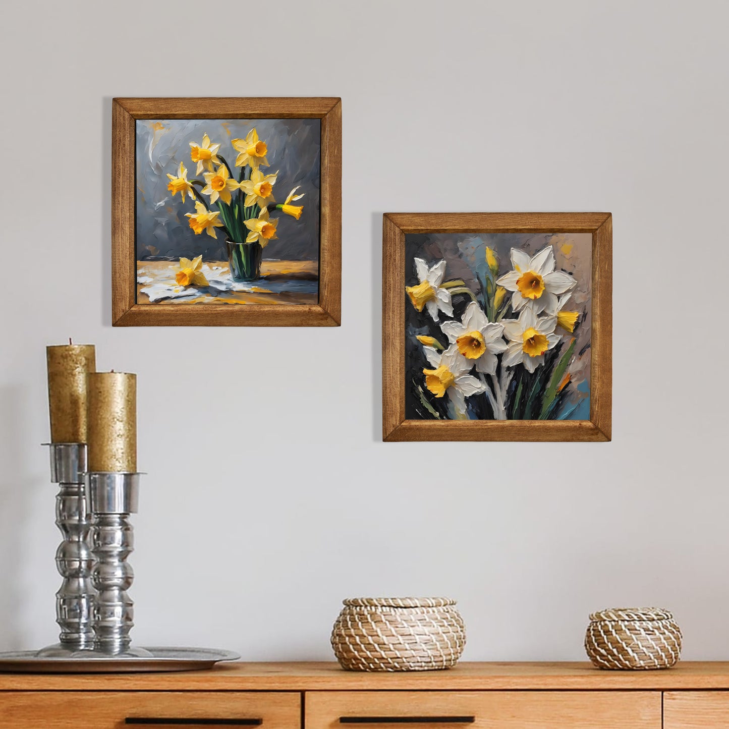Golden Daffodil Duo Natural Stone Wall Art Wood Frame Set