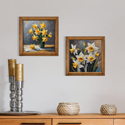 Golden Daffodil Duo Natural Stone Wall Art Wood Frame Set