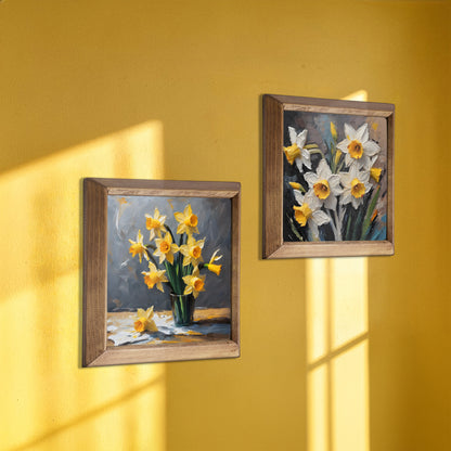 Golden Daffodil Duo Natural Stone Wall Art Wood Frame Set