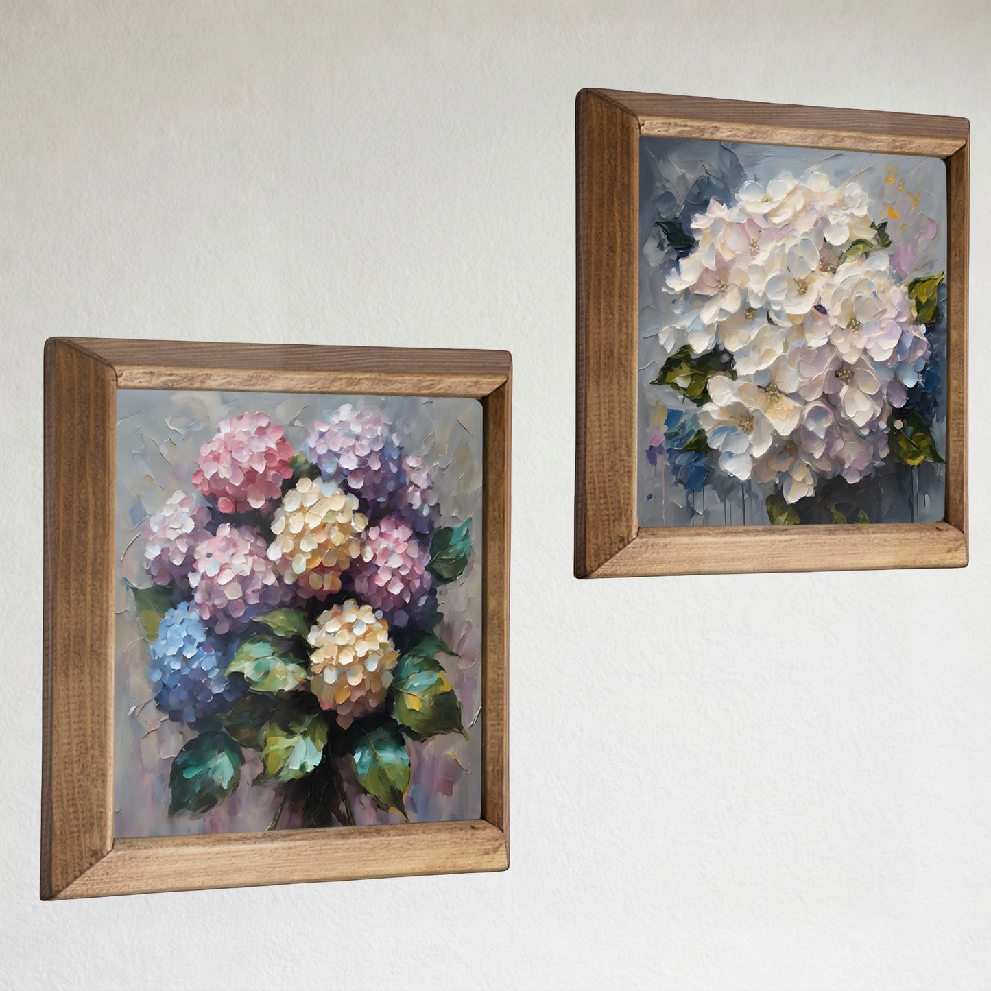 Soft Hydrangea Duo Natural Stone Wall Art Wood Frame Set