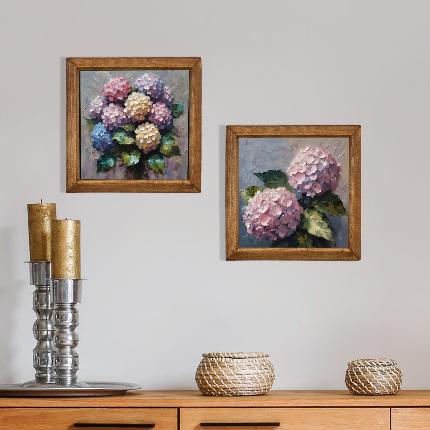 Blush Hydrangea Duo Natural Stone Wall Art Wood Frame Set