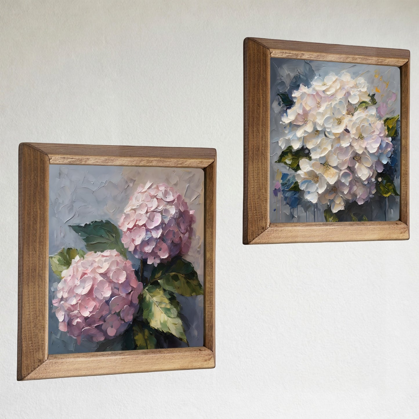 Hydrangea Bloom Duo Natural Stone Wall Art Wood Frame Set