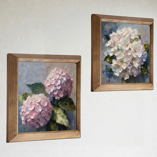Hydrangea Bloom Duo Natural Stone Wall Art Wood Frame Set