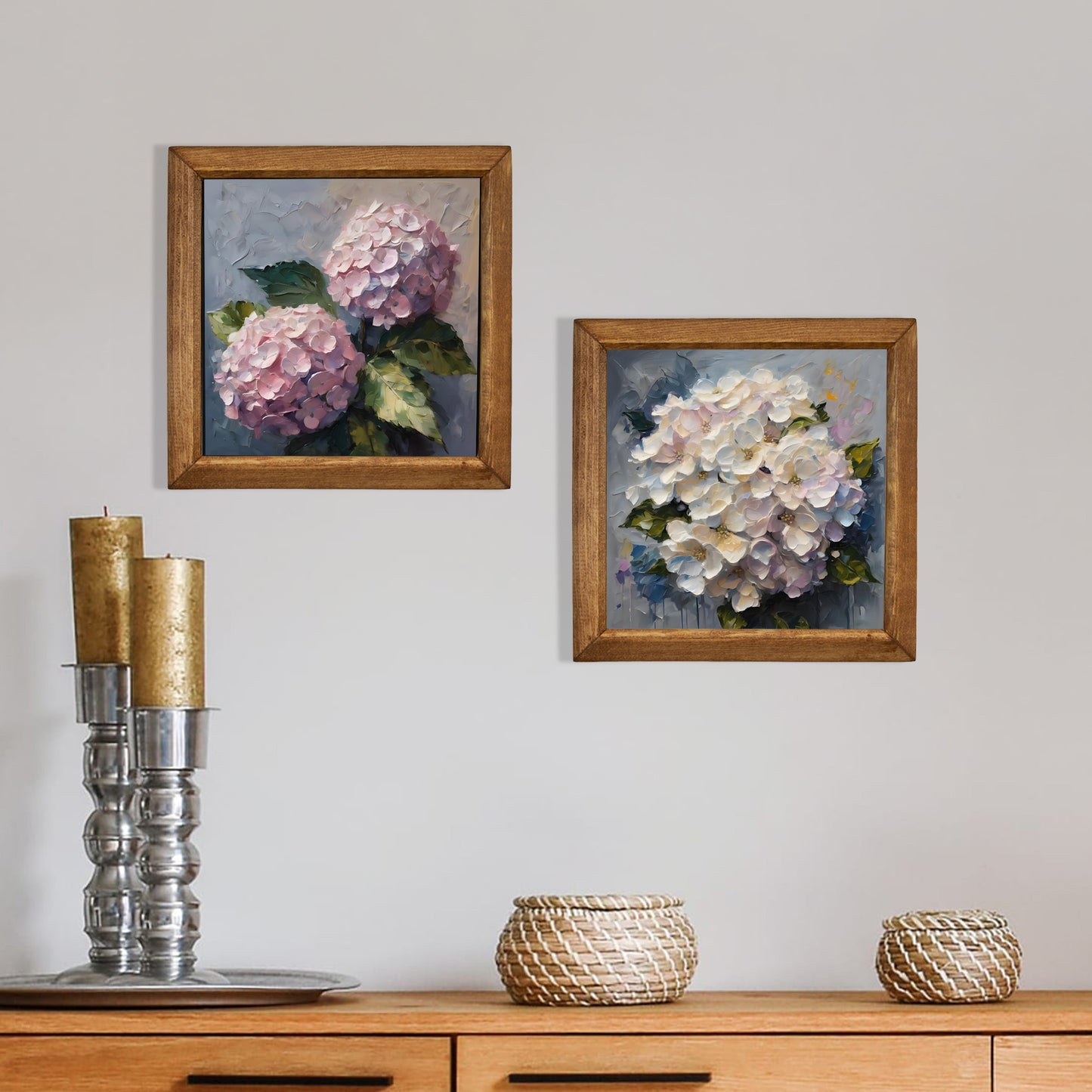 Hydrangea Bloom Duo Natural Stone Wall Art Wood Frame Set