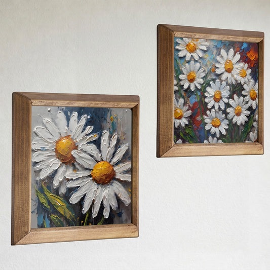 Daisy Meadow Duo Natural Stone Wall Art Wood Frame Set