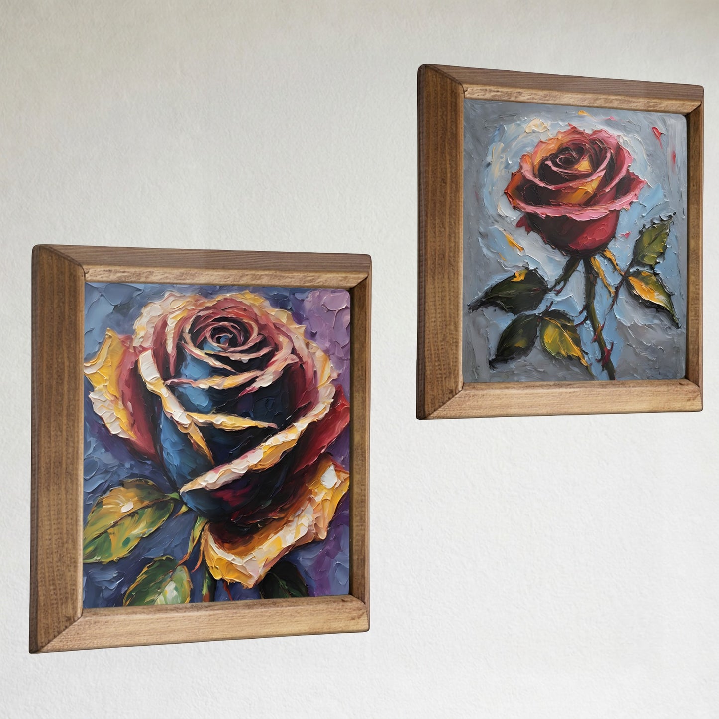Romantic Rose Duo Natural Stone Wall Art Wood Frame Set