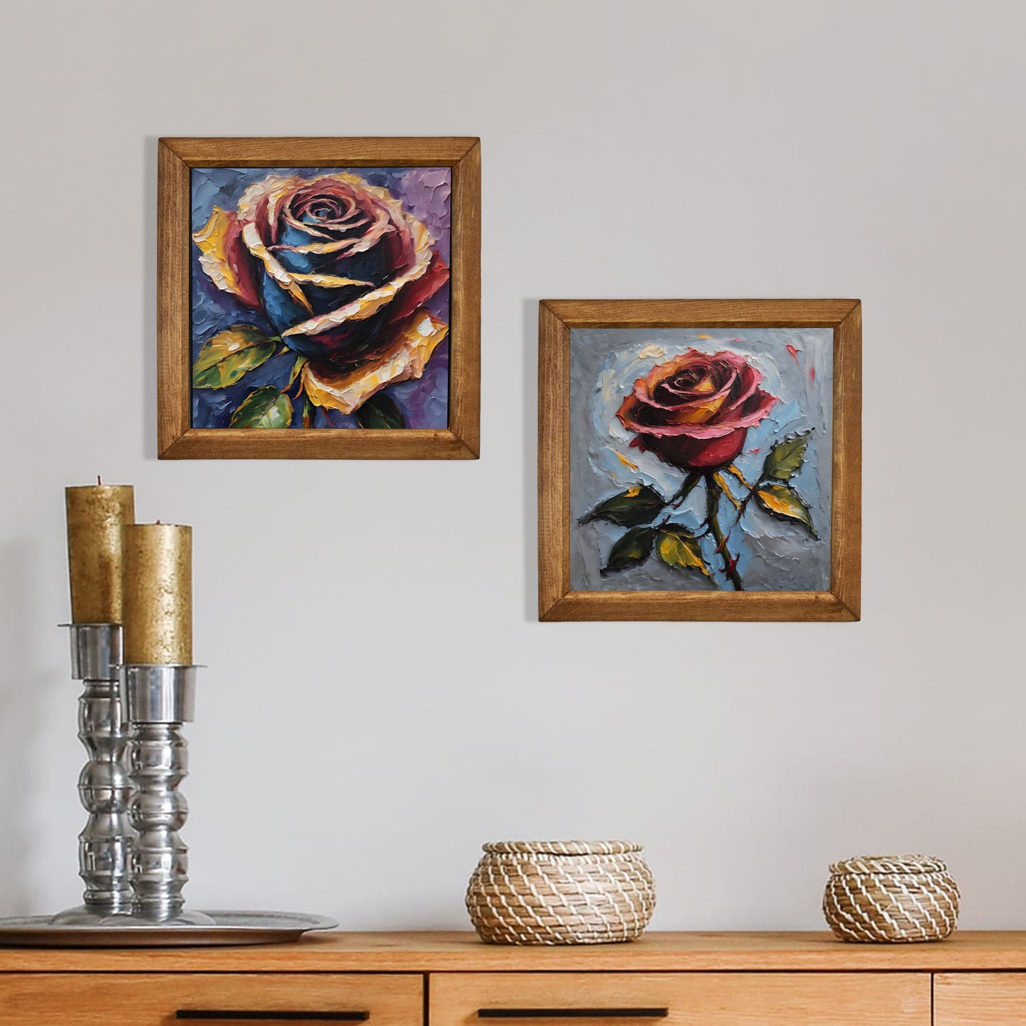 Romantic Rose Duo Natural Stone Wall Art Wood Frame Set