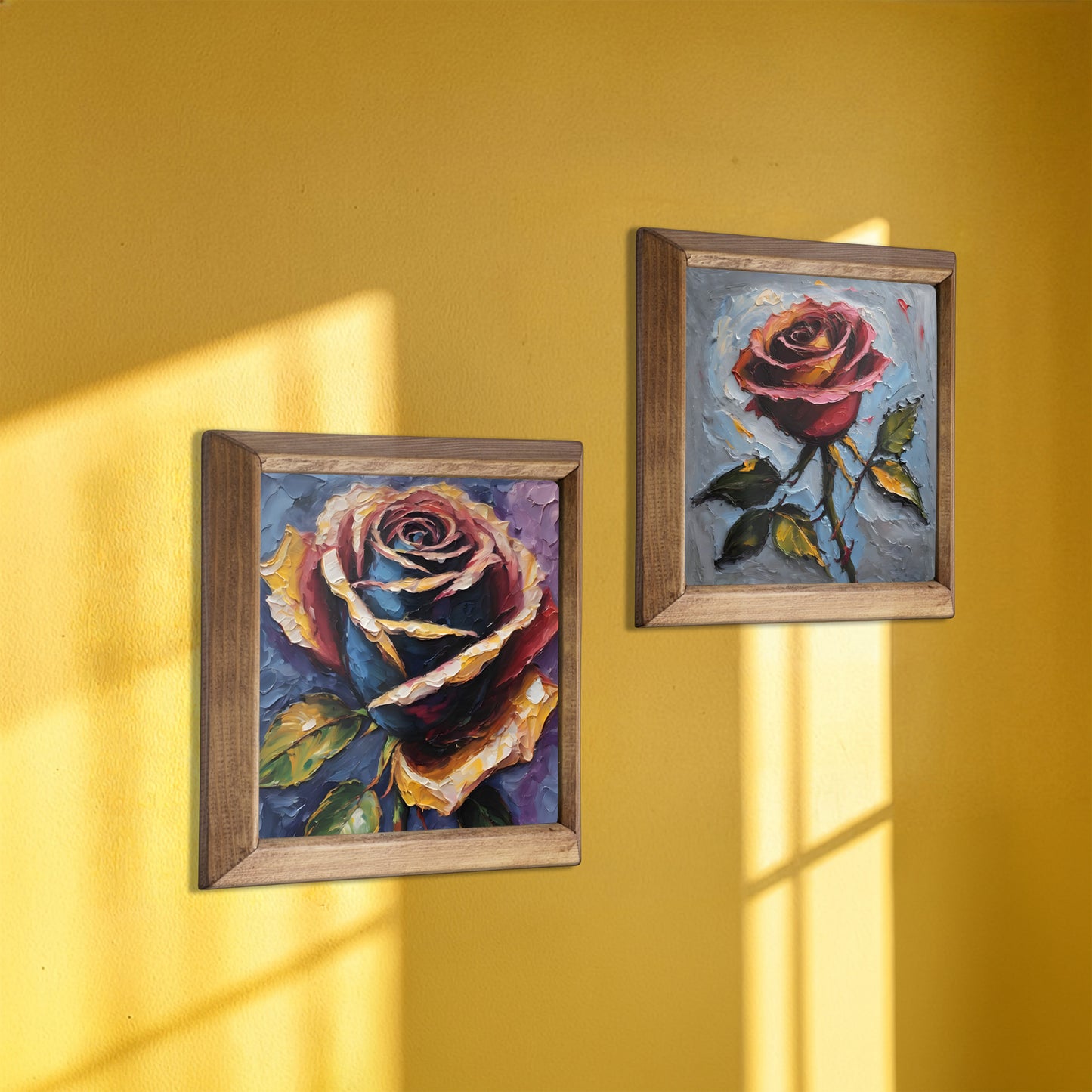 Romantic Rose Duo Natural Stone Wall Art Wood Frame Set