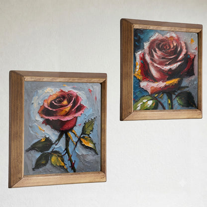 Rose Bloom Duo Natural Stone Wall Art Wood Frame Set