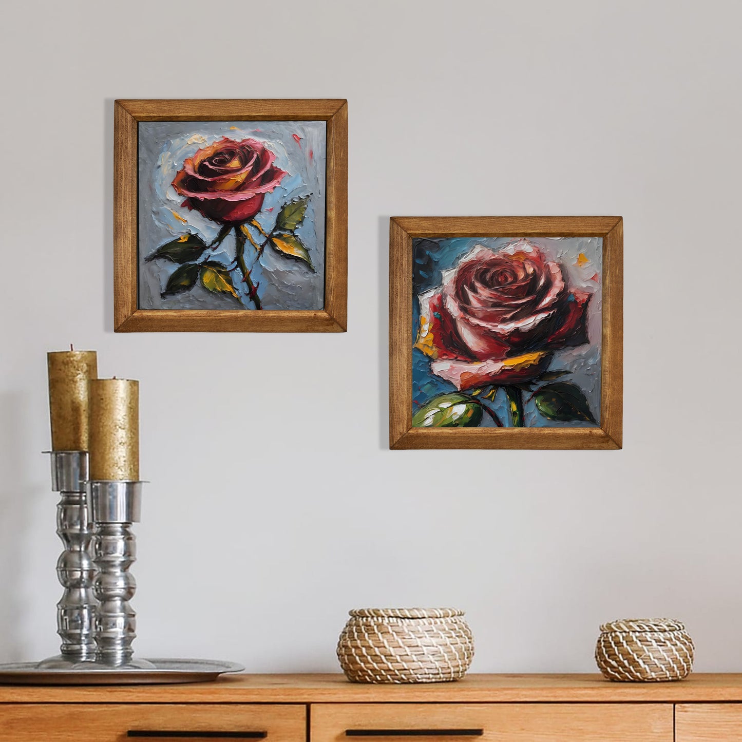 Rose Bloom Duo Natural Stone Wall Art Wood Frame Set