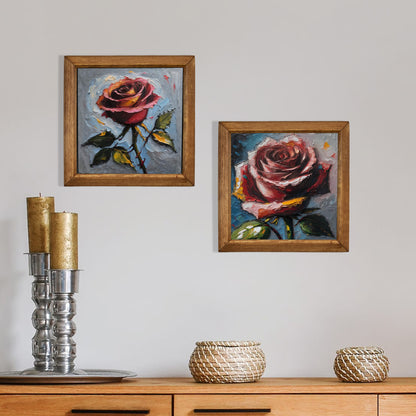 Rose Bloom Duo Natural Stone Wall Art Wood Frame Set