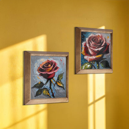 Rose Bloom Duo Natural Stone Wall Art Wood Frame Set