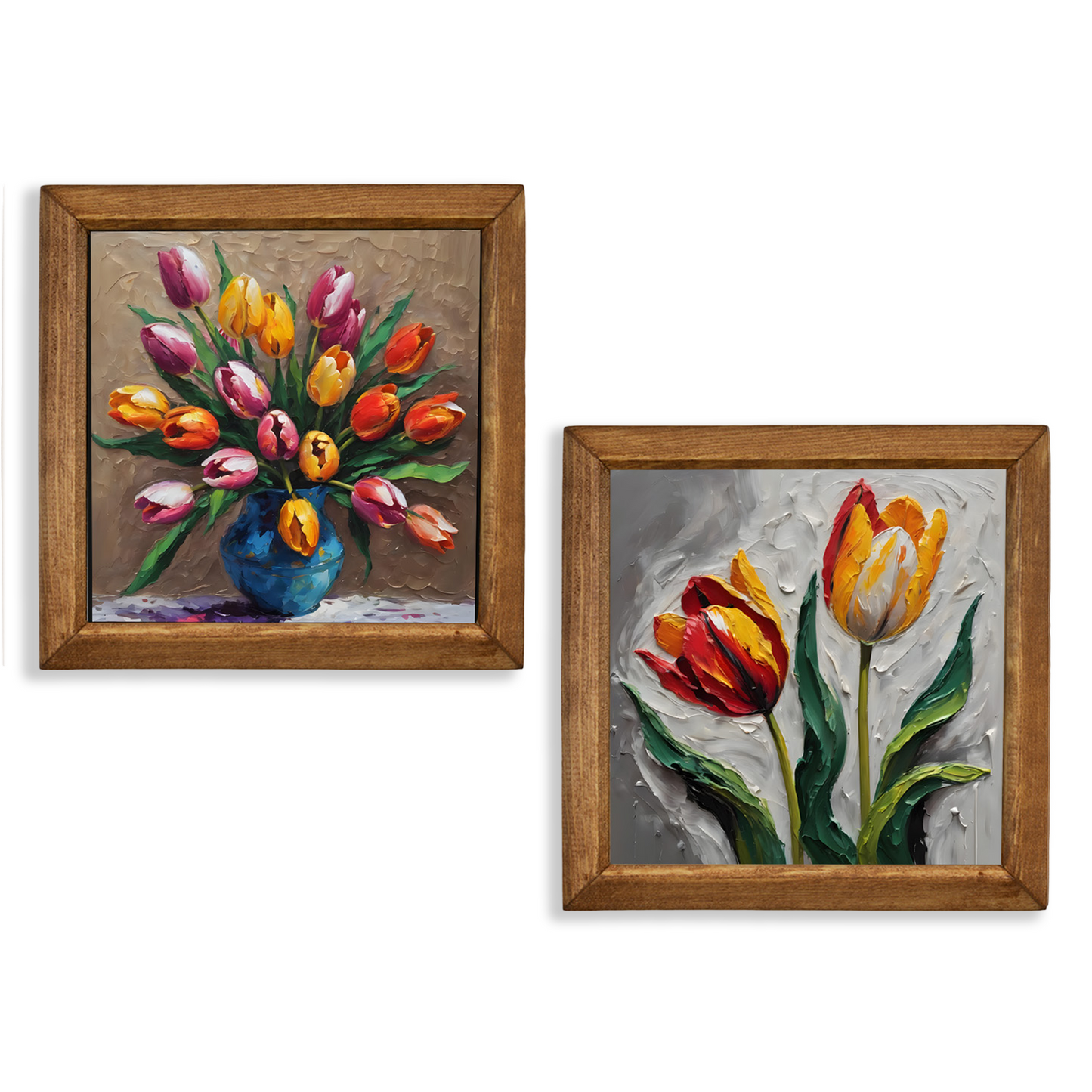 Tulip Bloom Duo Natural Stone Wall Art Wood Frame Set