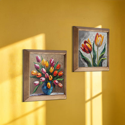 Tulip Bloom Duo Natural Stone Wall Art Wood Frame Set