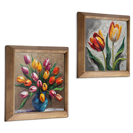 Tulip Bloom Duo Natural Stone Wall Art Wood Frame Set