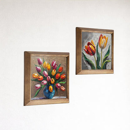 Tulip Bloom Duo Natural Stone Wall Art Wood Frame Set