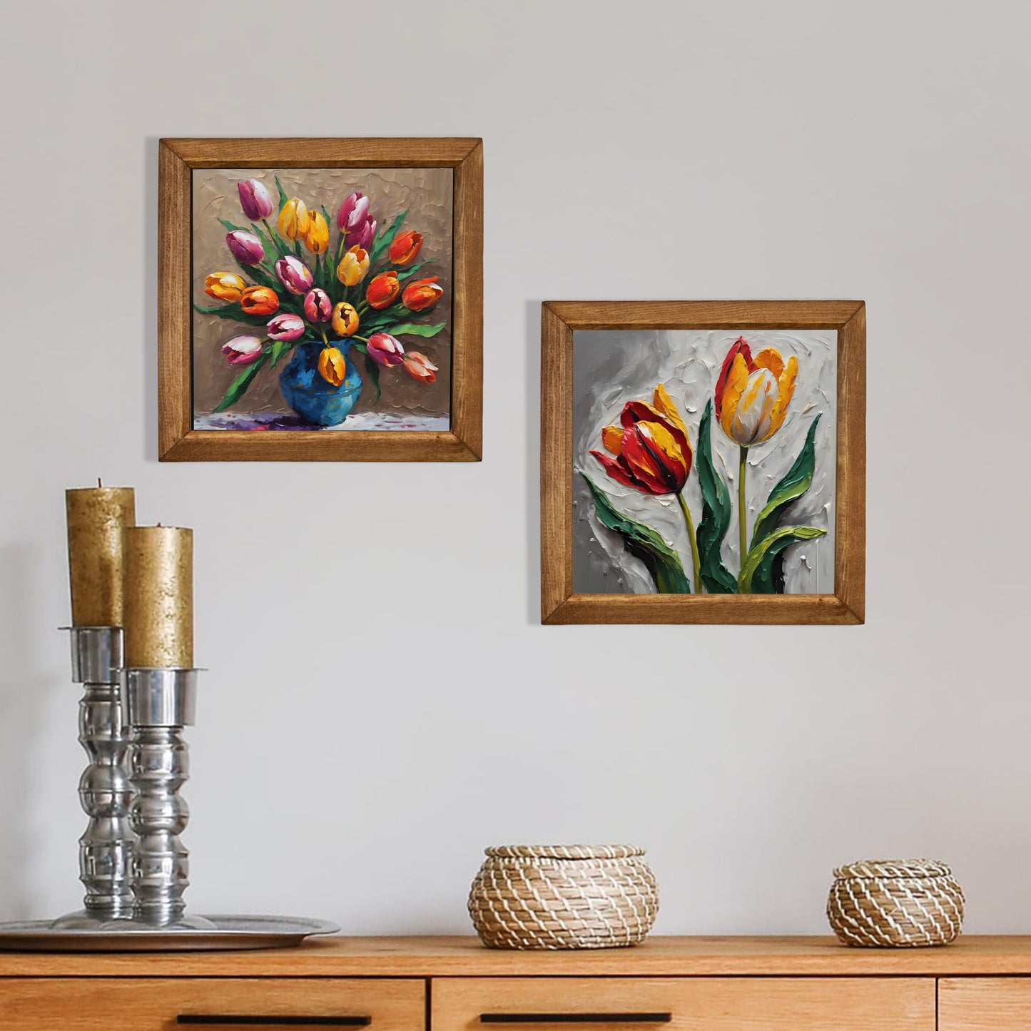 Tulip Bloom Duo Natural Stone Wall Art Wood Frame Set