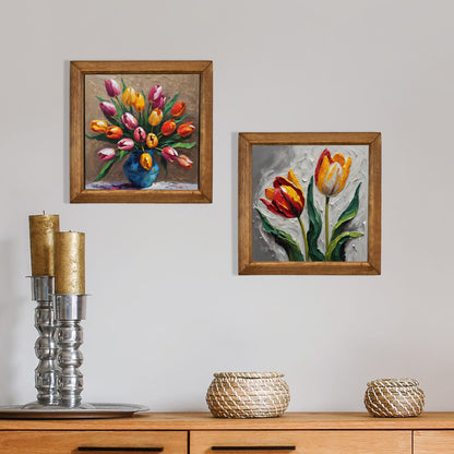 Tulip Bloom Duo Natural Stone Wall Art Wood Frame Set